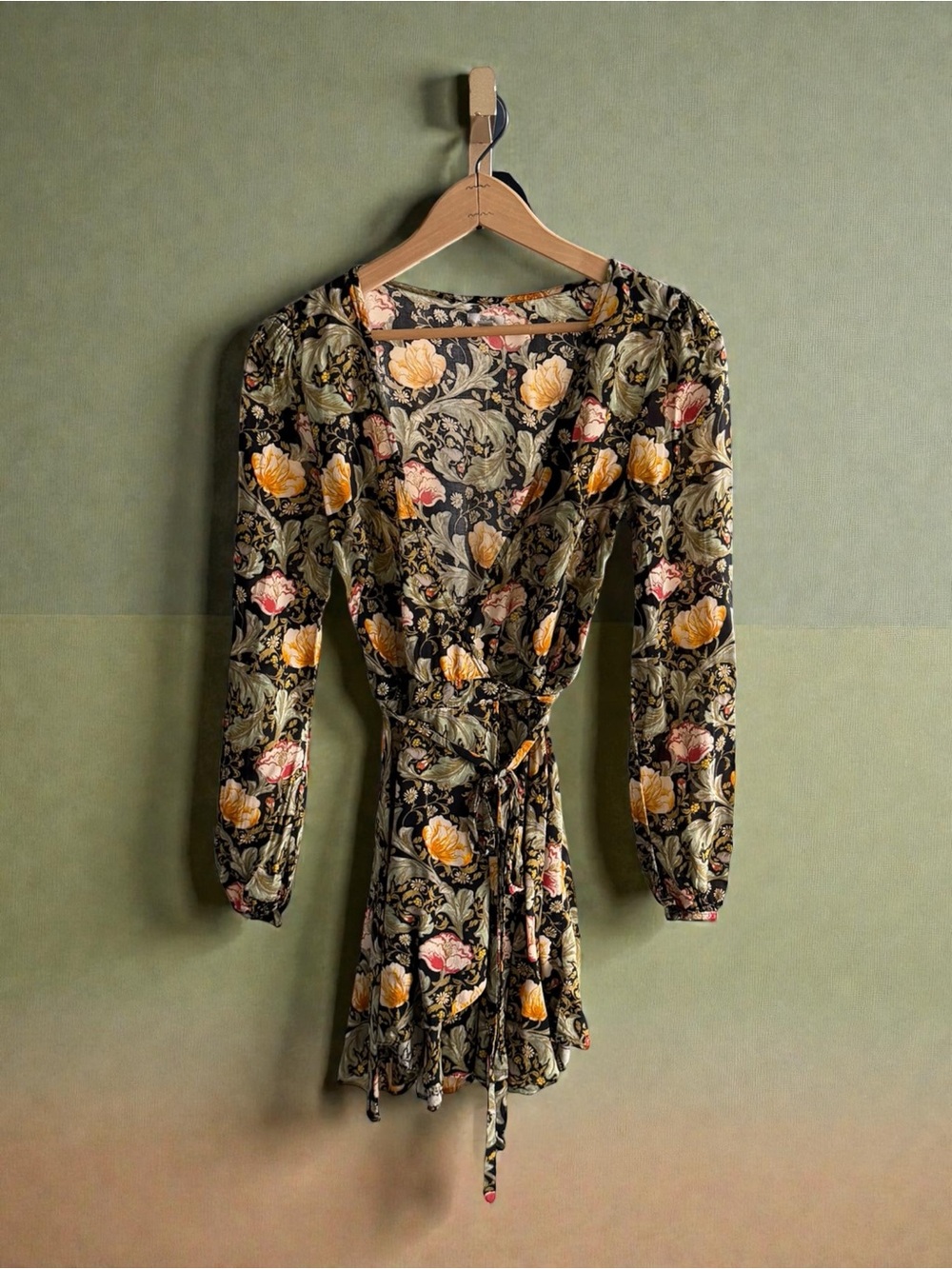 Ecote‎ Black Floral Wrap Midi Dress with Yellow and Pink Blooms